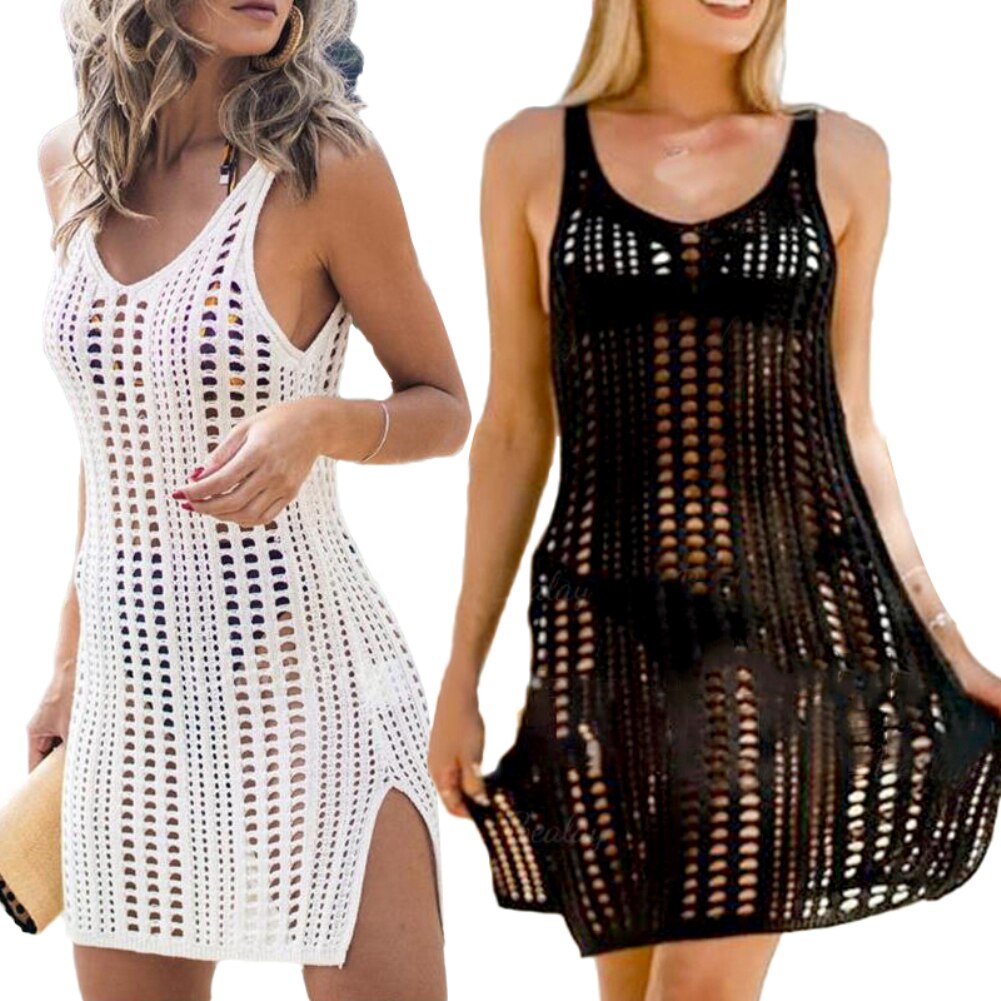 Sleeveless V-Neck Crochet w/ Side Slit Swimsuit Cover Up