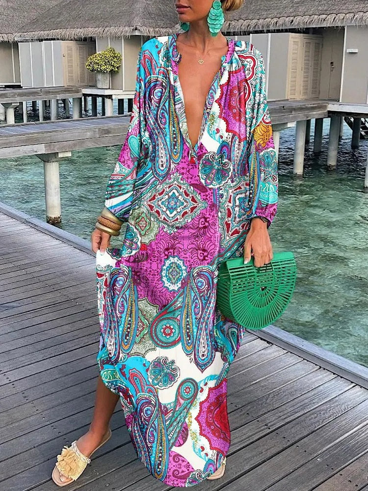 Boho V-Neck Caftan Swimsuit Coverup